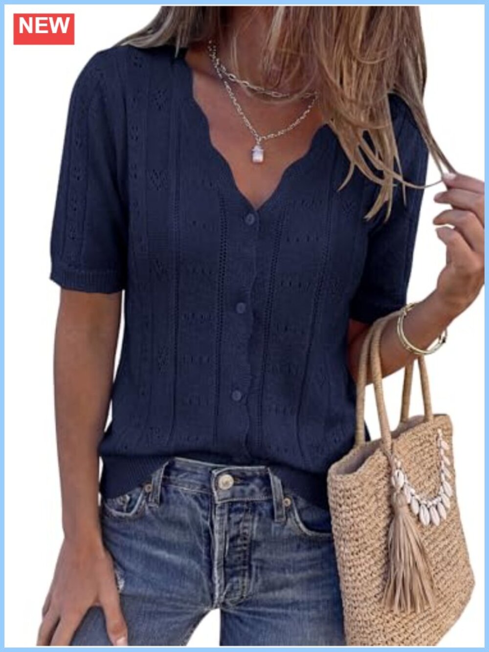 Womens Crochet Knit Button Down Cardigan Scalloped Edge V Neck Short Sleeve